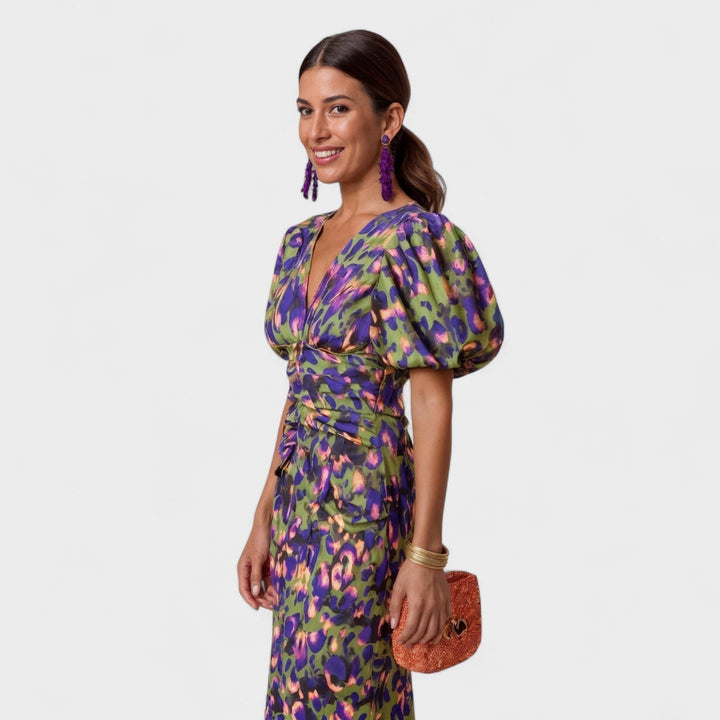 Women's Floral Midi Dress with V-neck and Short Puff Sleeves