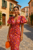Women's Floral Midi Dress with V-neck and Short Puff Sleeves