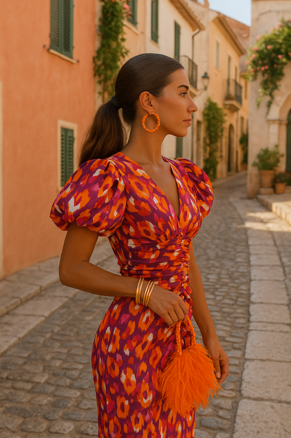 Women's Floral Midi Dress with V-neck and Short Puff Sleeves