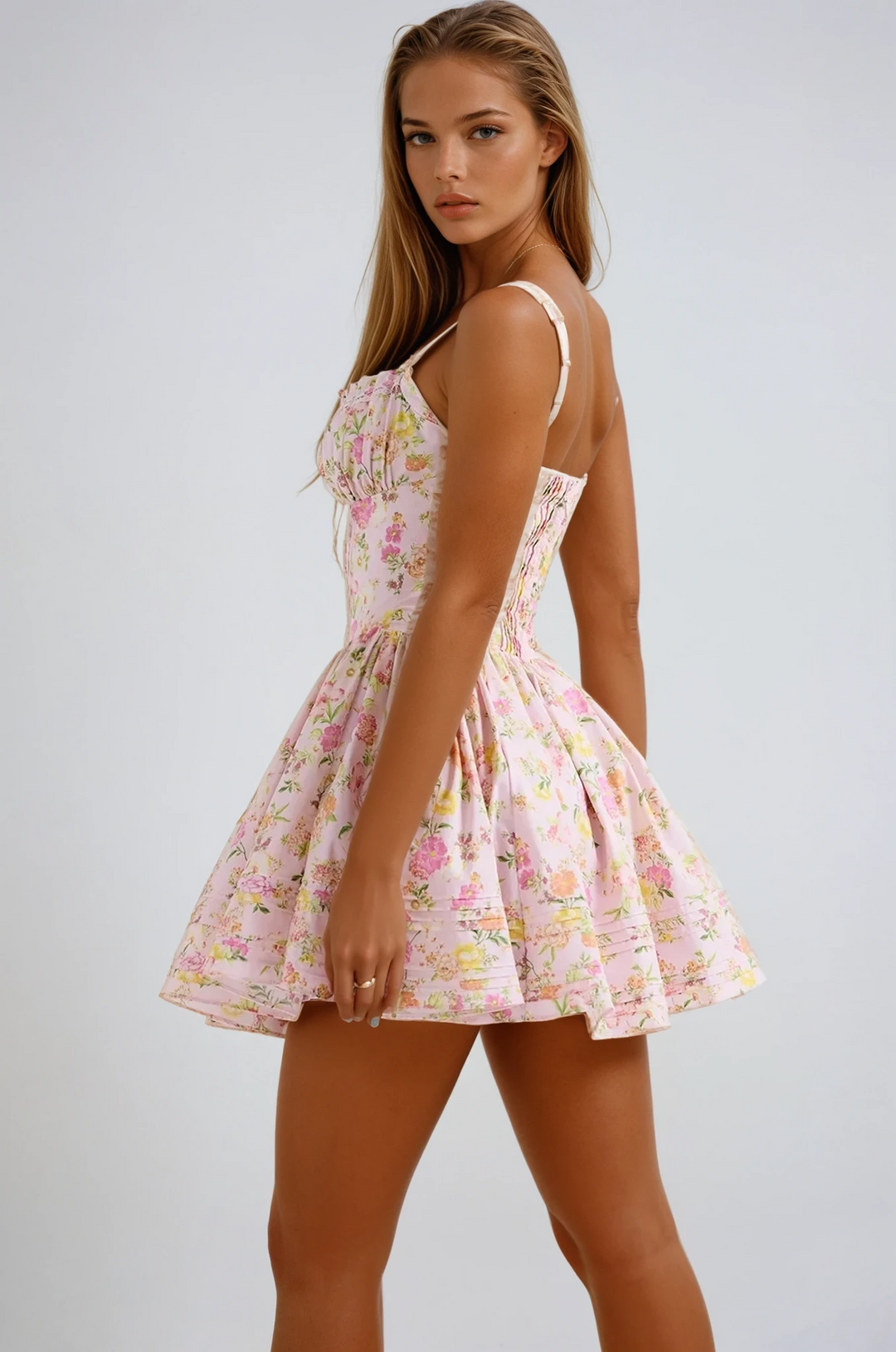 Women's Floral Smocked Mini Dress with Sleeveless and Flared Skirt