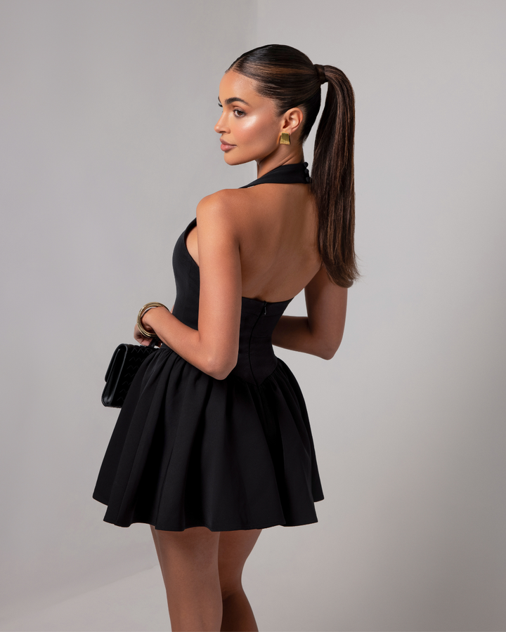 Women's Halter Mini Dress with Flared Skirt and Square Neckline