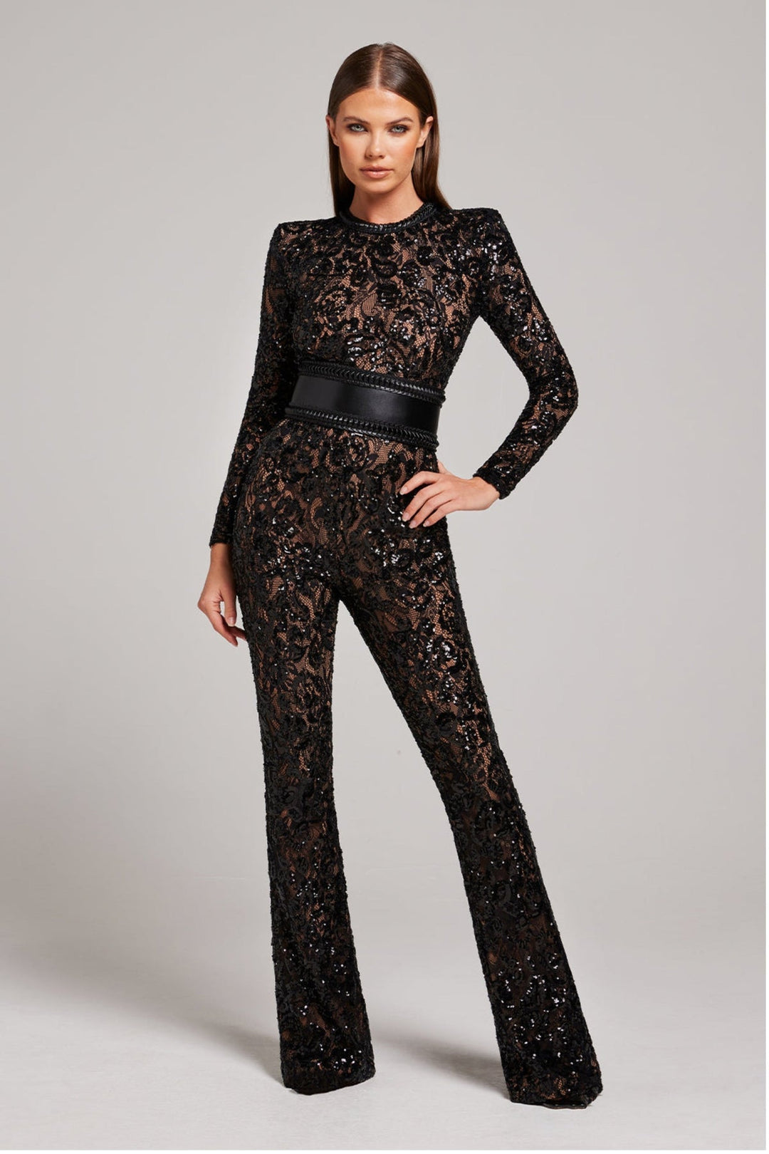 Women's Lace Jumpsuit with Long Sleeve and Belt Style