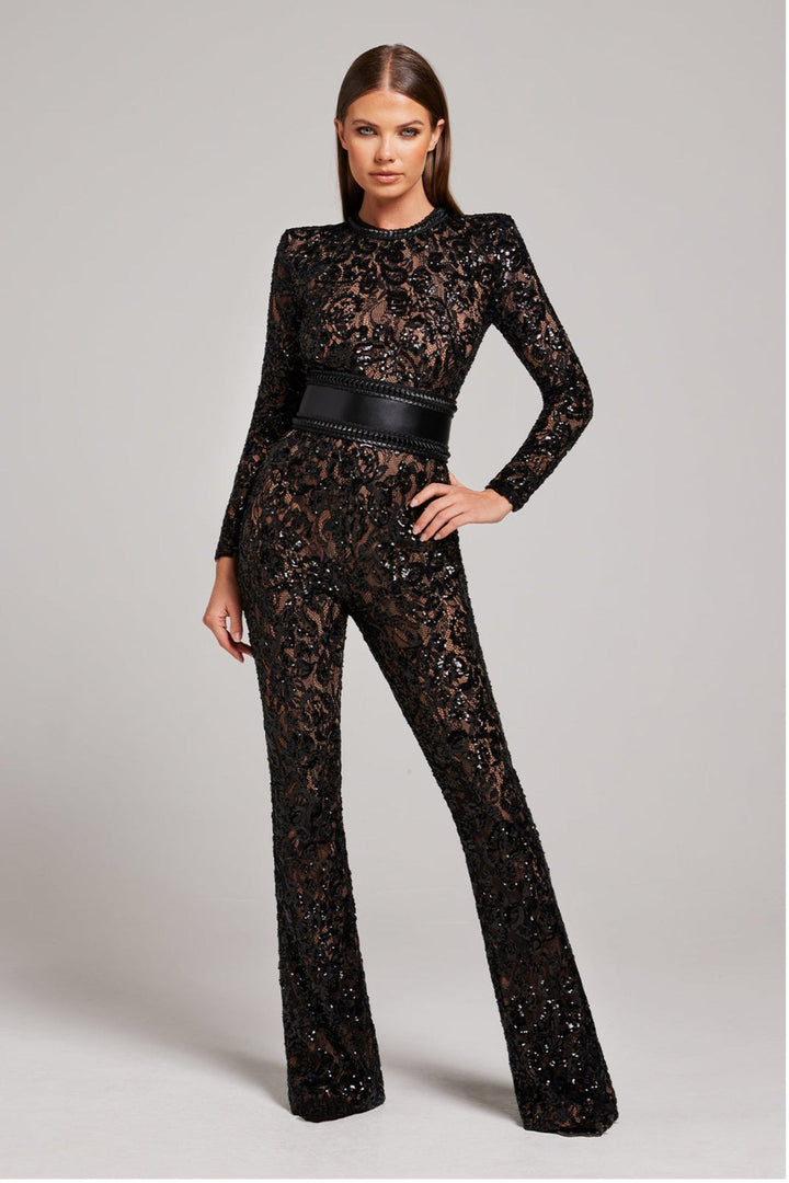 Women's Lace Jumpsuit with Long Sleeve and Belt Style