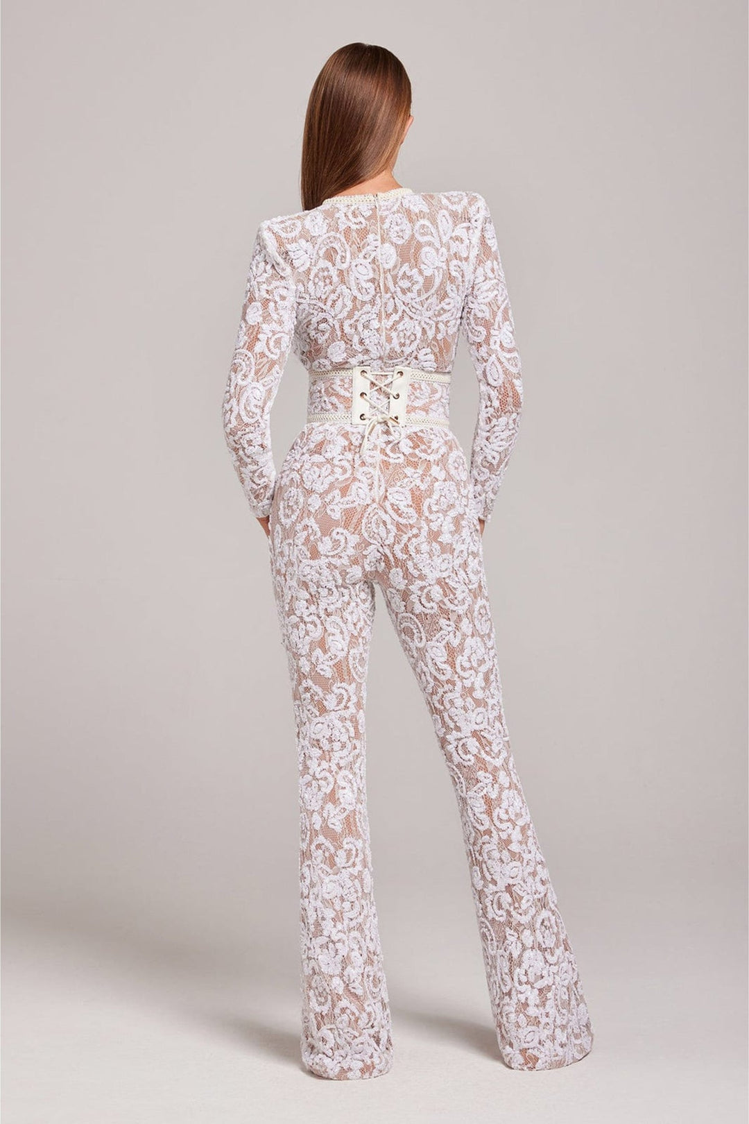 Women's Lace Jumpsuit with Long Sleeve and Belt Style