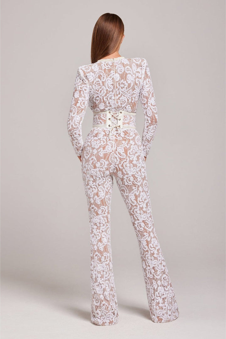Women's Lace Jumpsuit with Long Sleeve and Belt Style