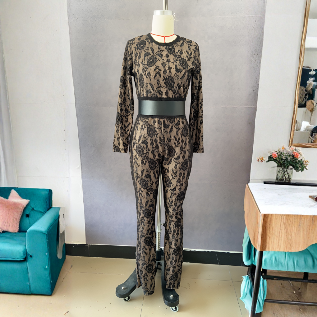 Women's Lace Jumpsuit with Long Sleeve and Belt Style