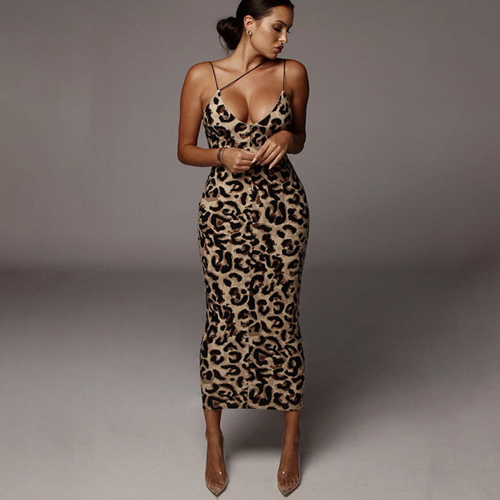 Women's Leopard Bodycon Midi Dress with Thin and Asymmetric Strap