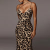 Women's Leopard Bodycon Midi Dress with Thin and Asymmetric Strap