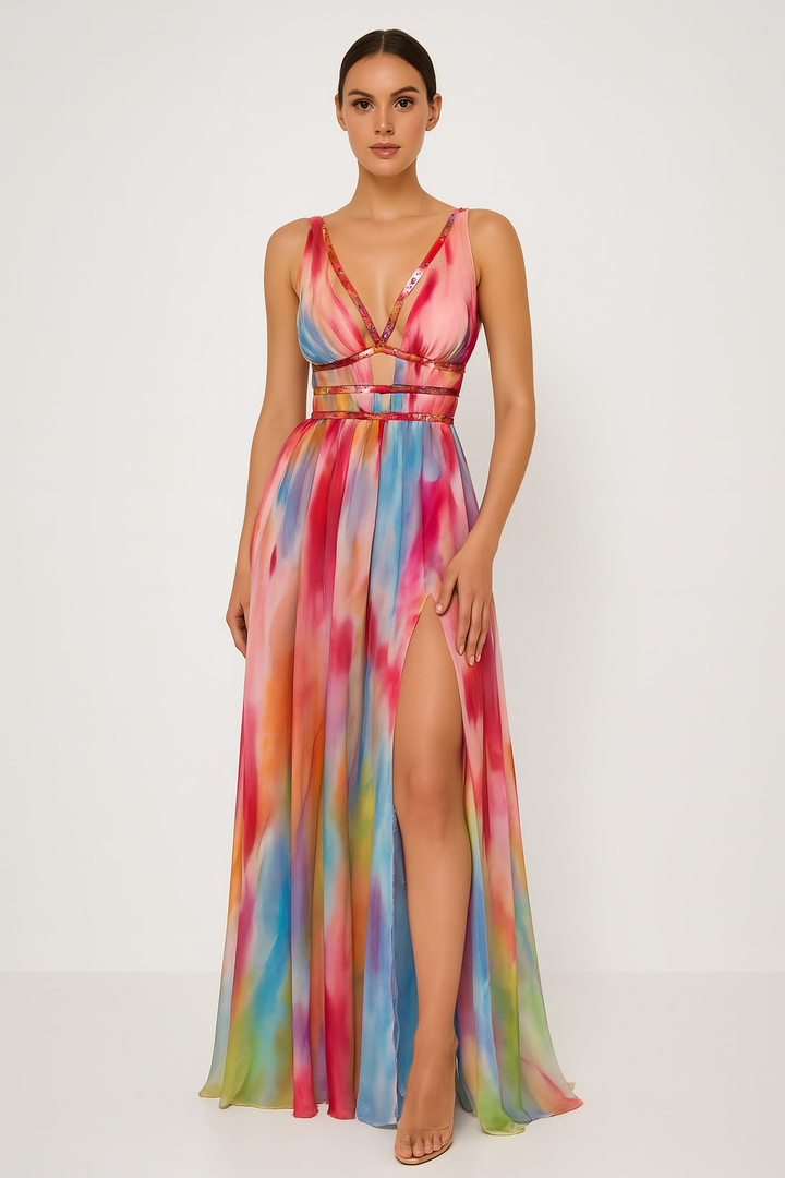Women's Multicolor Tie-Dye Maxi Dress with Strappy Cut-Out Waist and Slit