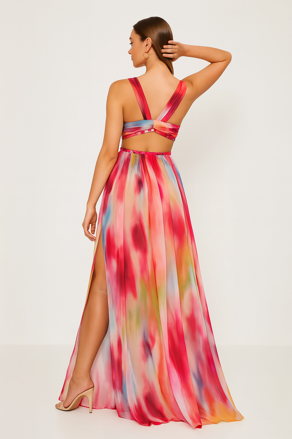 Women's Multicolor Tie-Dye Maxi Dress with Strappy Cut-Out Waist and Slit