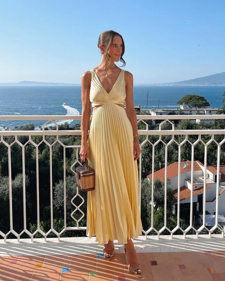 Women's Pleated Maxi Dress with Cut-Out Waist and Sleeveless