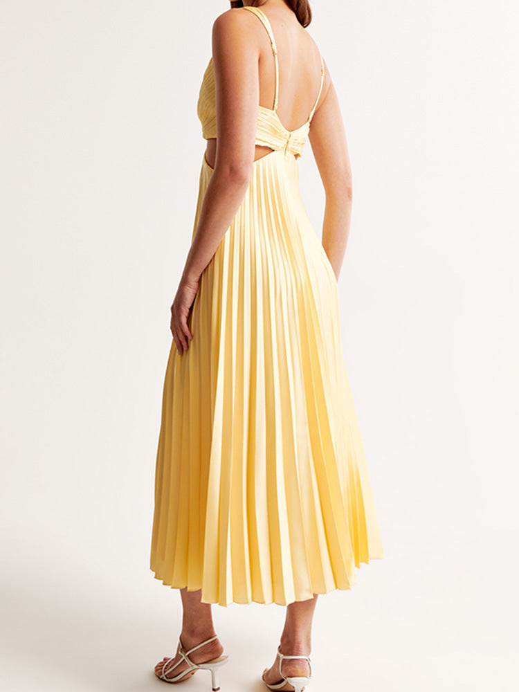 Women's Pleated Maxi Dress with Cut-Out Waist and Sleeveless