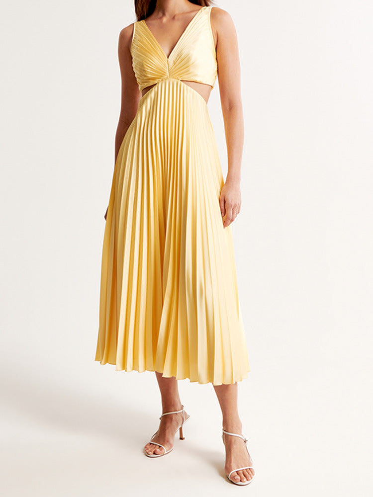 Women's Pleated Maxi Dress with Cut-Out Waist and Sleeveless