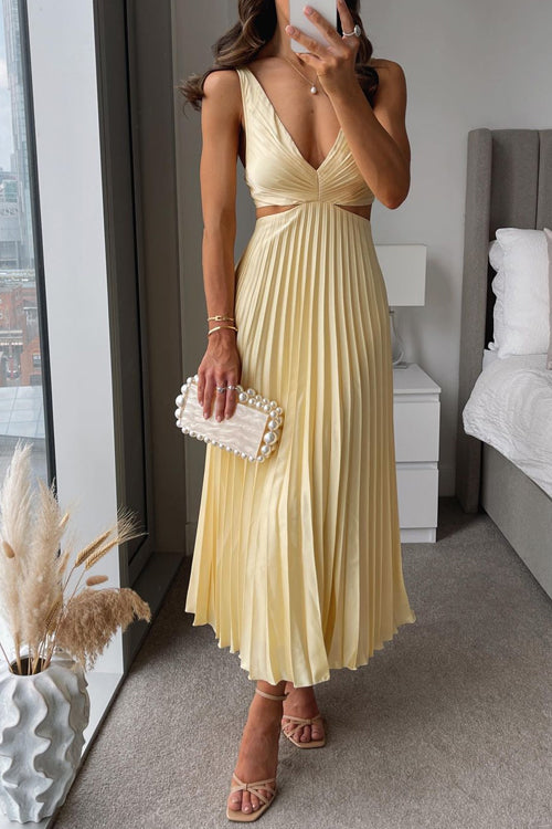 Women's Pleated Maxi Dress with Cut-Out Waist and Sleeveless