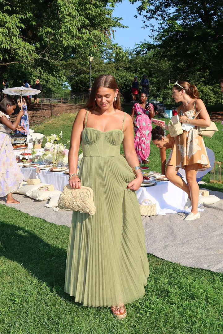 Women's Pleated Maxi Dress with Spaghetti Straps and Corset Bodice