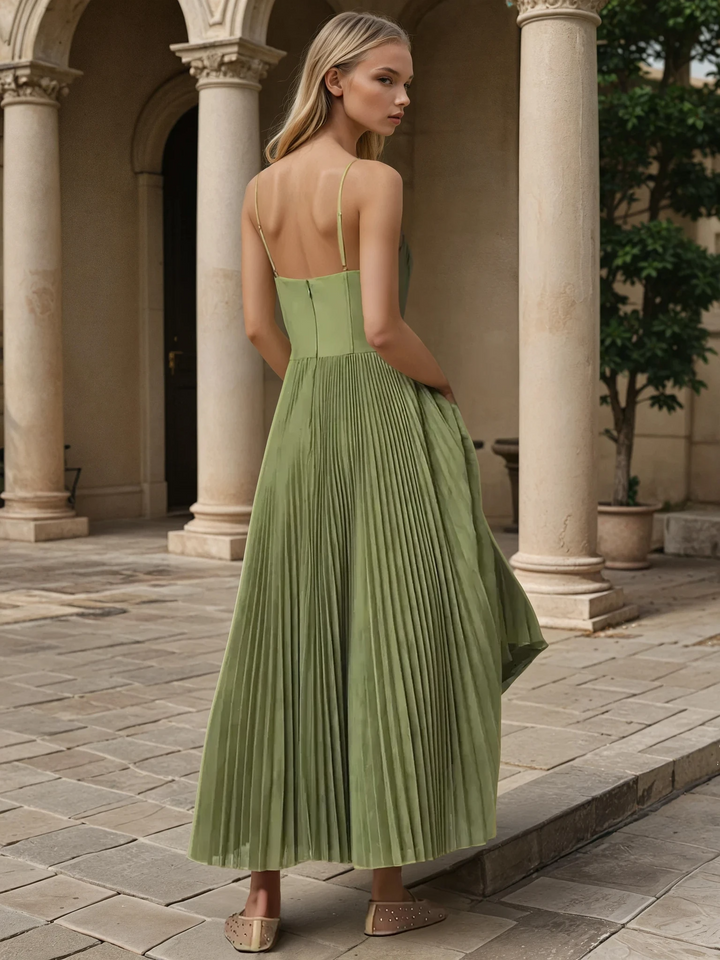 Women's Pleated Maxi Dress with Spaghetti Straps and Corset Bodice