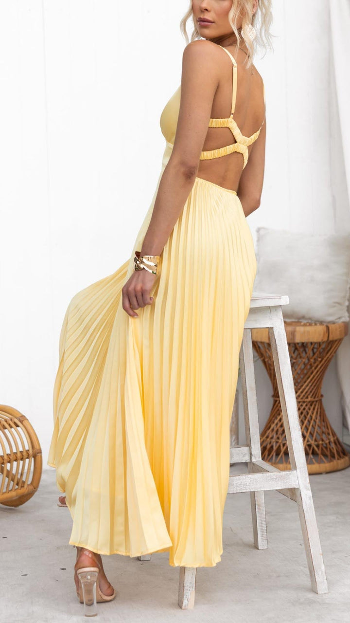 Women's Pleated Maxi Dress with V-Neck and Open Back Detail