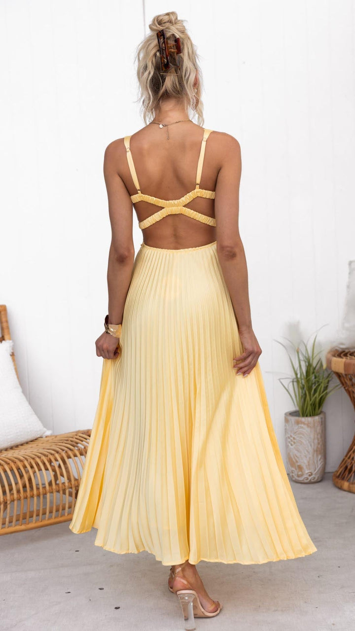Women's Pleated Maxi Dress with V-Neck and Open Back Detail