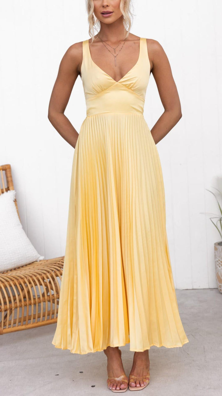 Women's Pleated Maxi Dress with V-Neck and Open Back Detail