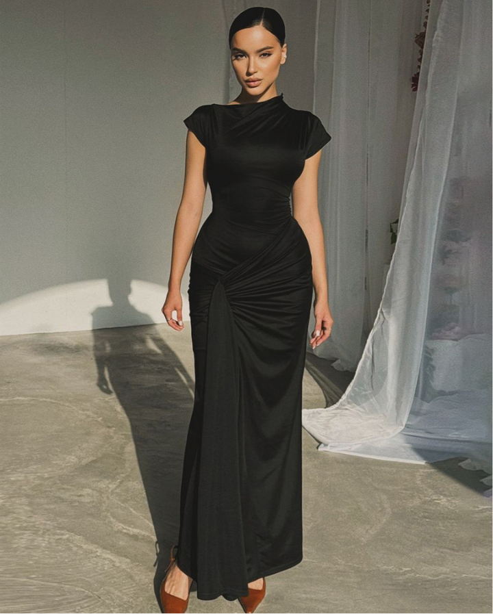 Women's Short Sleeve Maxi Dress with Ruched Waist and Criss-cross Tie Back