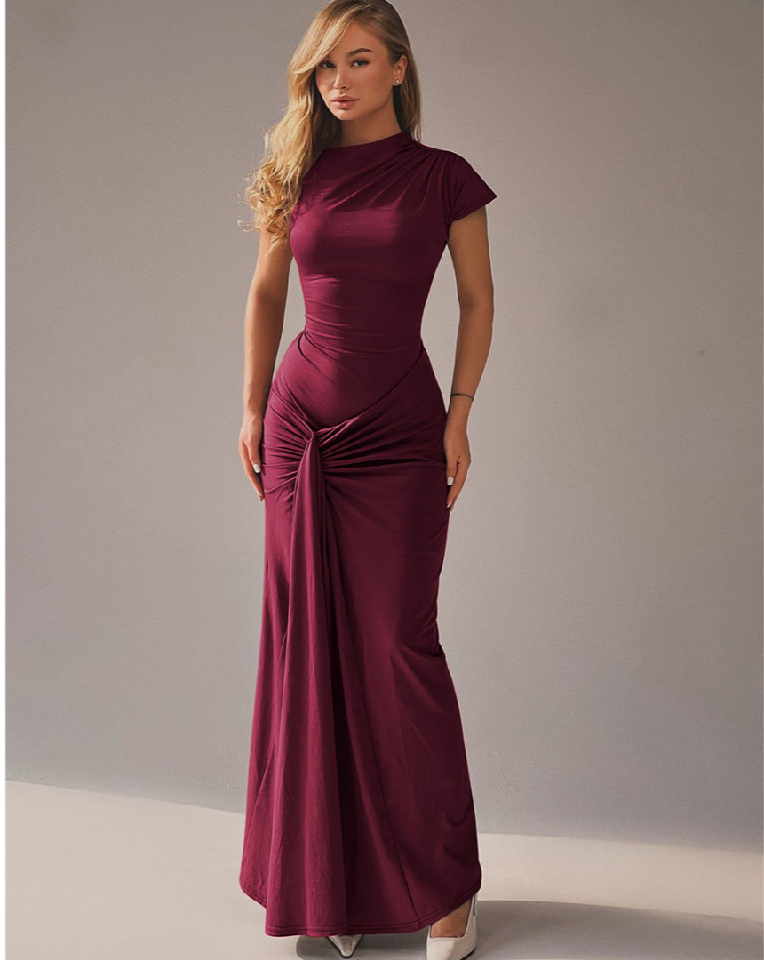 Women's Short Sleeve Maxi Dress with Ruched Waist and Criss-cross Tie Back