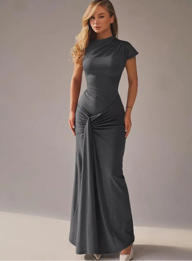 Women's Short Sleeve Maxi Dress with Ruched Waist and Criss-cross Tie Back