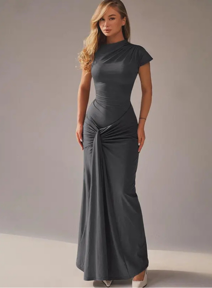 Women's Short Sleeve Maxi Dress with Ruched Waist and Criss-cross Tie Back