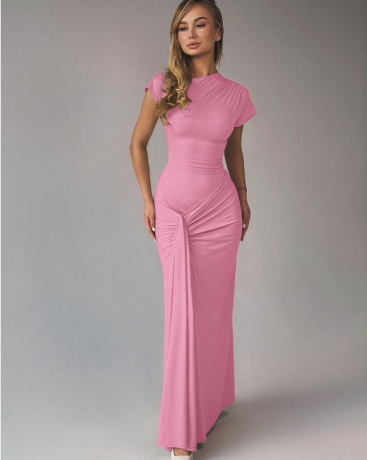 Women's Short Sleeve Maxi Dress with Ruched Waist and Criss-cross Tie Back
