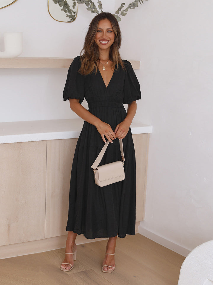 Women's V-neck Dress with Puff Sleeves and Slit