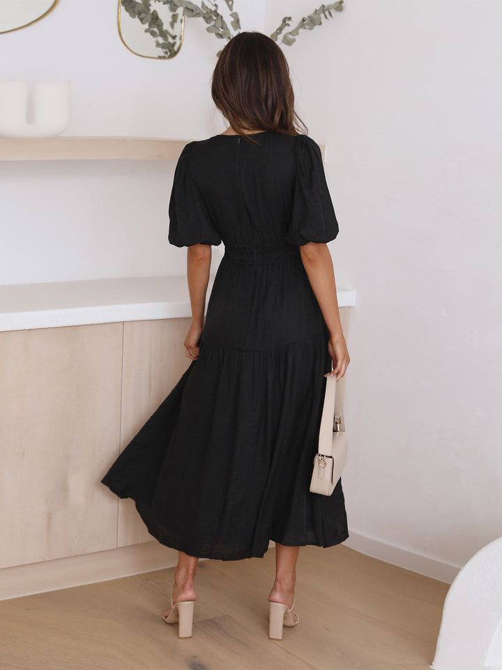Women's V-neck Dress with Puff Sleeves and Slit