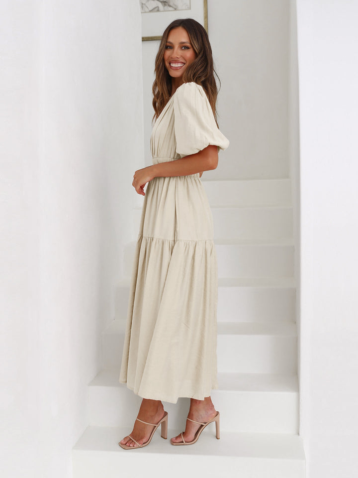 Women's V-neck Dress with Puff Sleeves and Slit
