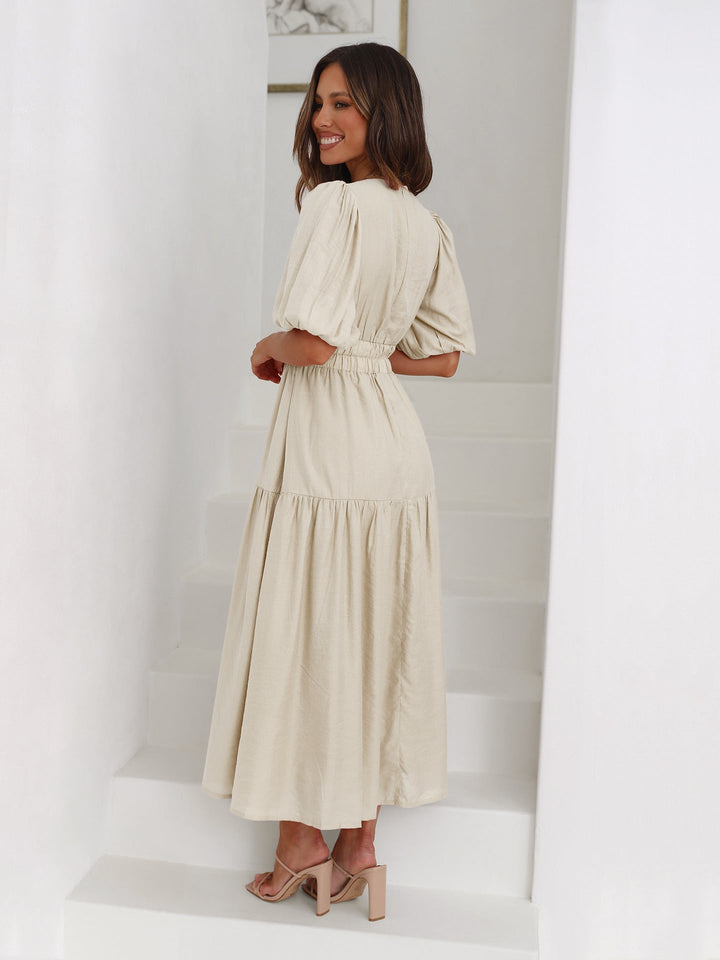 Women's V-neck Dress with Puff Sleeves and Slit