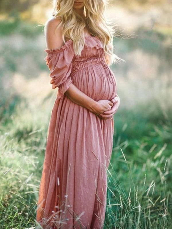 Maternity Off-the-Shoulder Maxi Dress with Ruched Bodice