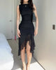 Women’s Sleeveless Midi Dress with Asymmetric Ruffle Hem