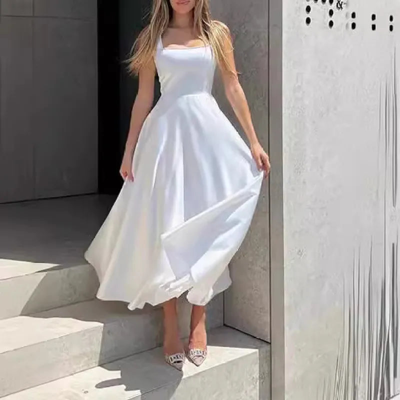 Women’s Summer Midi Dress with Square Neck and Sleeveless Cut
