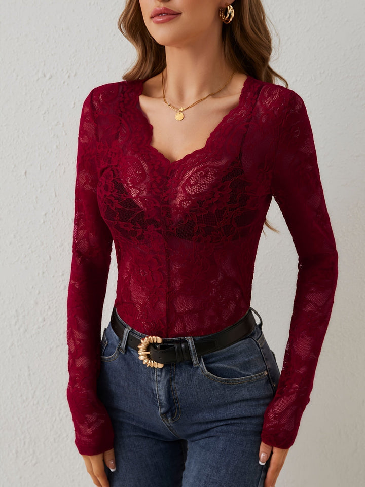 Women’s Long-Sleeved Lace Top with V-Neck