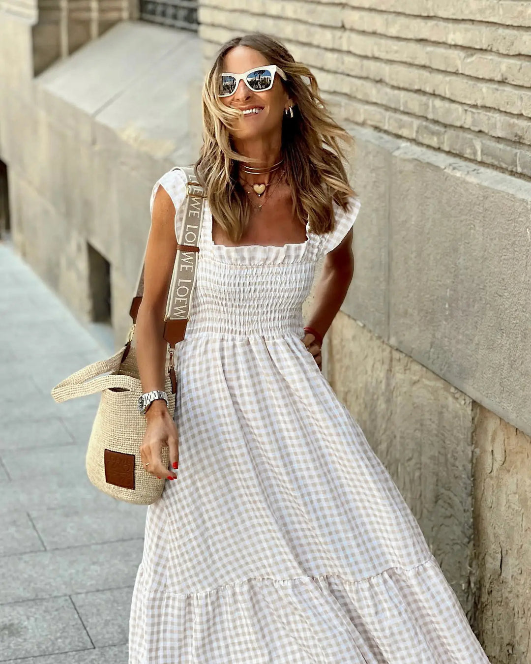 Women’s Checked Midi Dress with Tiered Skirt