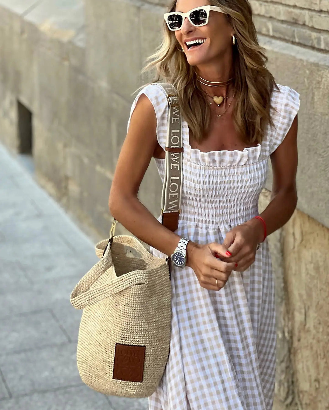 Women’s Checked Midi Dress with Tiered Skirt