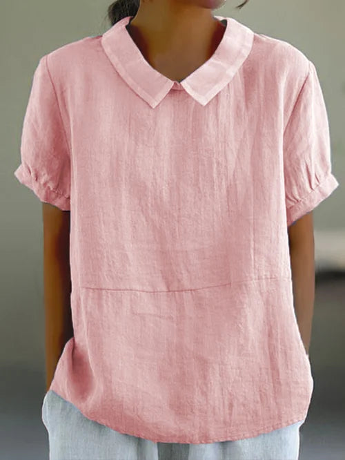 Short Sleeve Linen Blouse with Collar for Women