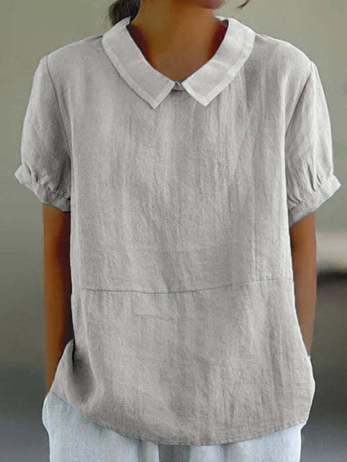 Short Sleeve Linen Blouse with Collar for Women