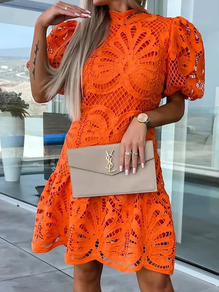 Women’s Mini Dress with Puff Sleeves and Floral Lace