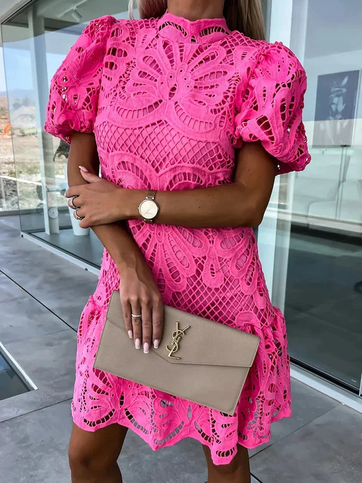 Women’s Mini Dress with Puff Sleeves and Floral Lace