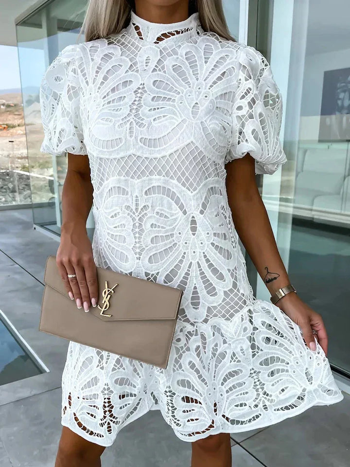 Women’s Mini Dress with Puff Sleeves and Floral Lace