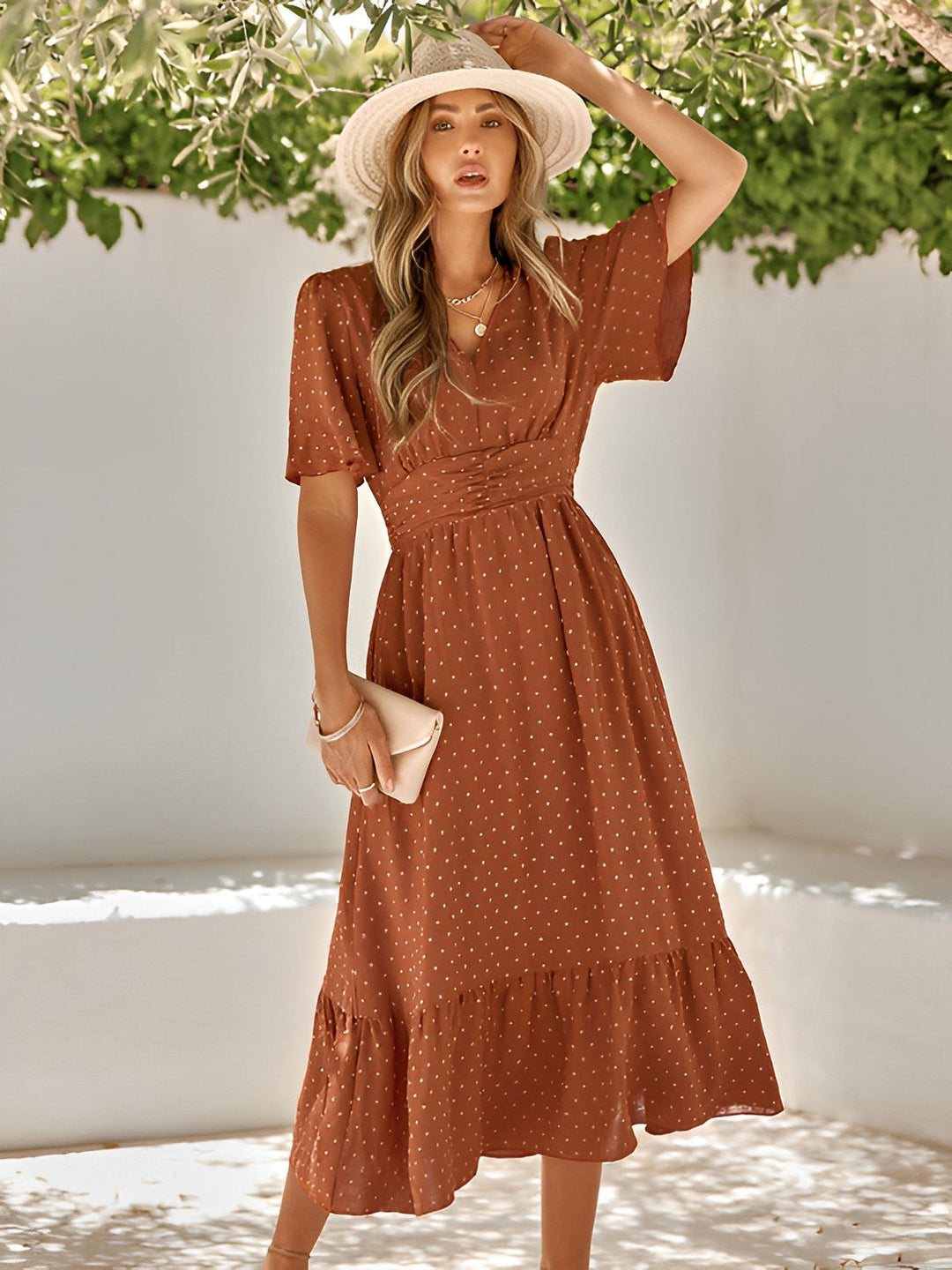 Women’s Tiered Midi Dress with V-Neck and Gathered Waist