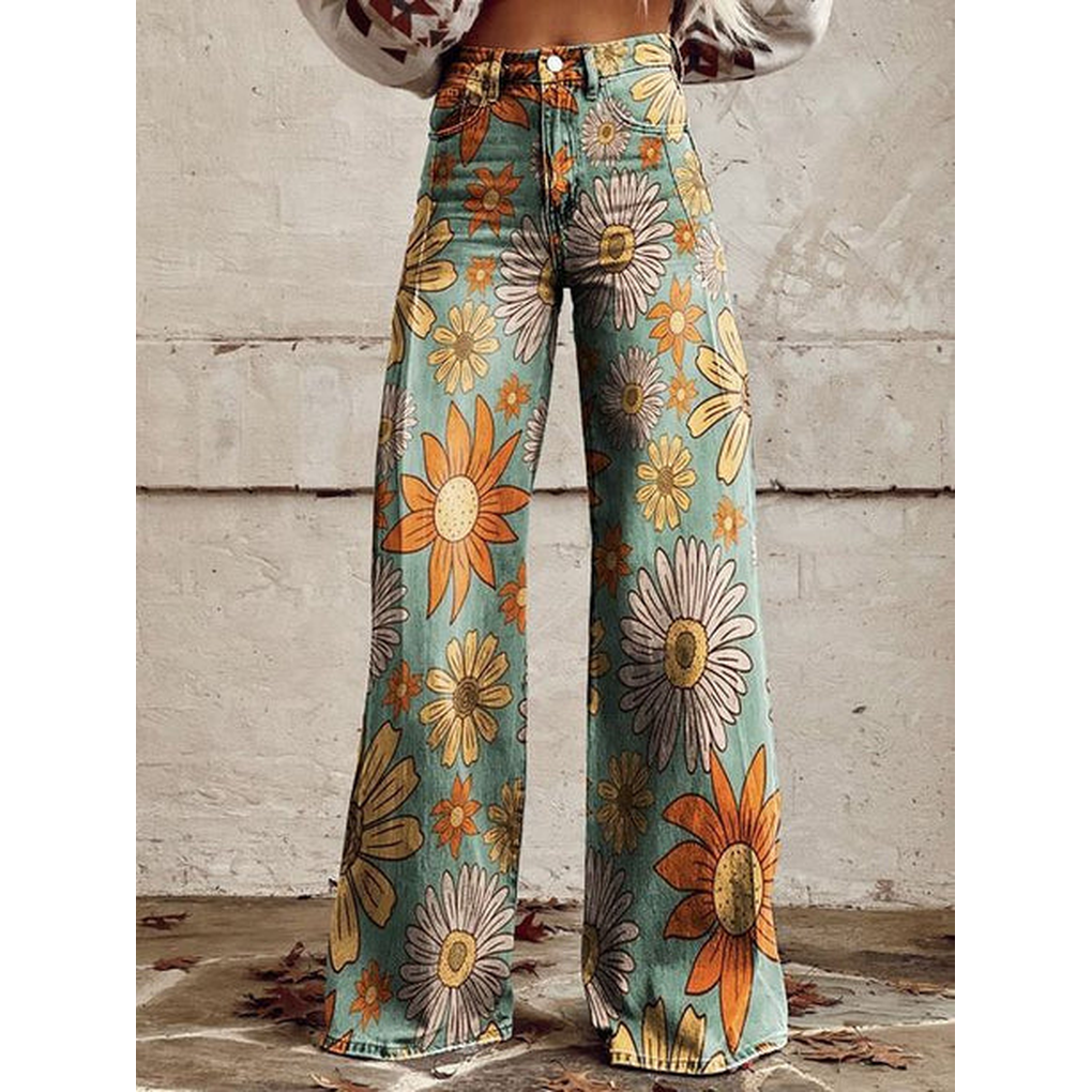 Women’s Long Denim Pants – Ritan Floral & Solid Prints