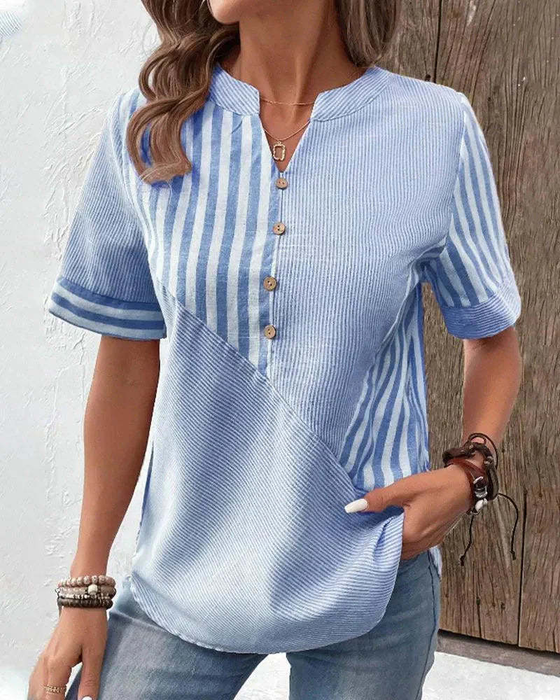Women’s Lightweight Striped Blouse with Mandarin Collar