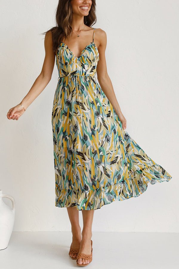 Women’s Summer Colored Midi Dress with V-Neck and Spaghetti Straps