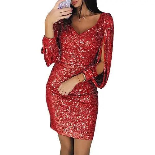 Women’s Sequin Mini Dress with Fringe Sleeves
