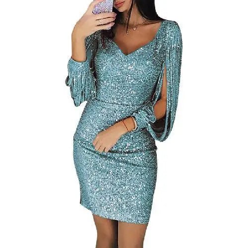 Women’s Sequin Mini Dress with Fringe Sleeves