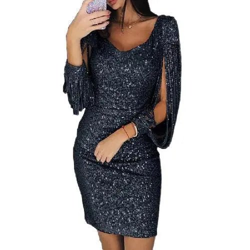 Women’s Sequin Mini Dress with Fringe Sleeves